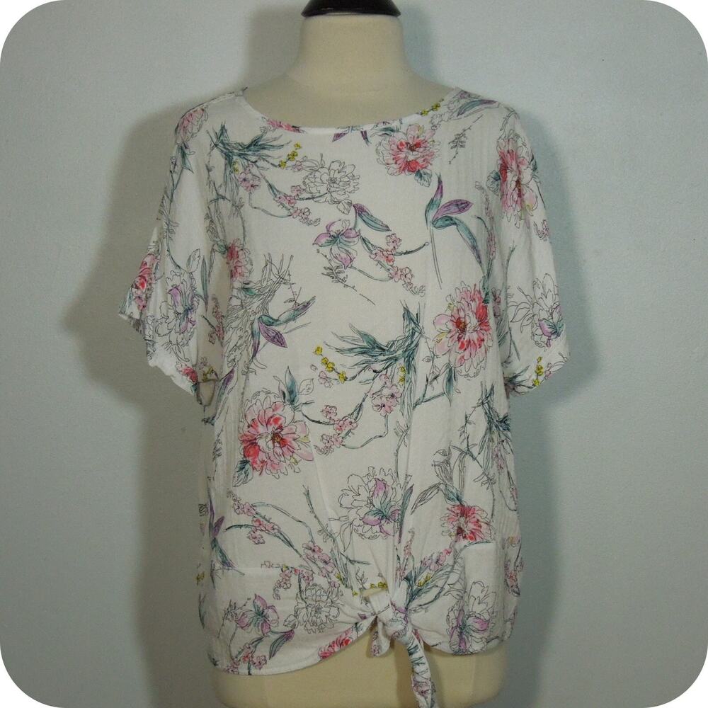 BUFFALO David Bitton Womens L LARGE Floral Blouse Knot Front Dolman Sleeves